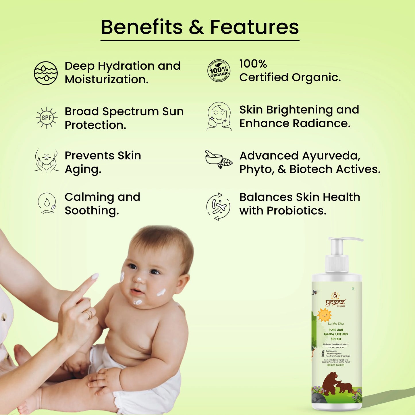 YOGEZ  La Mu Shu Pure Joy Glow Lotion SPF 30 for Babies to Kids.