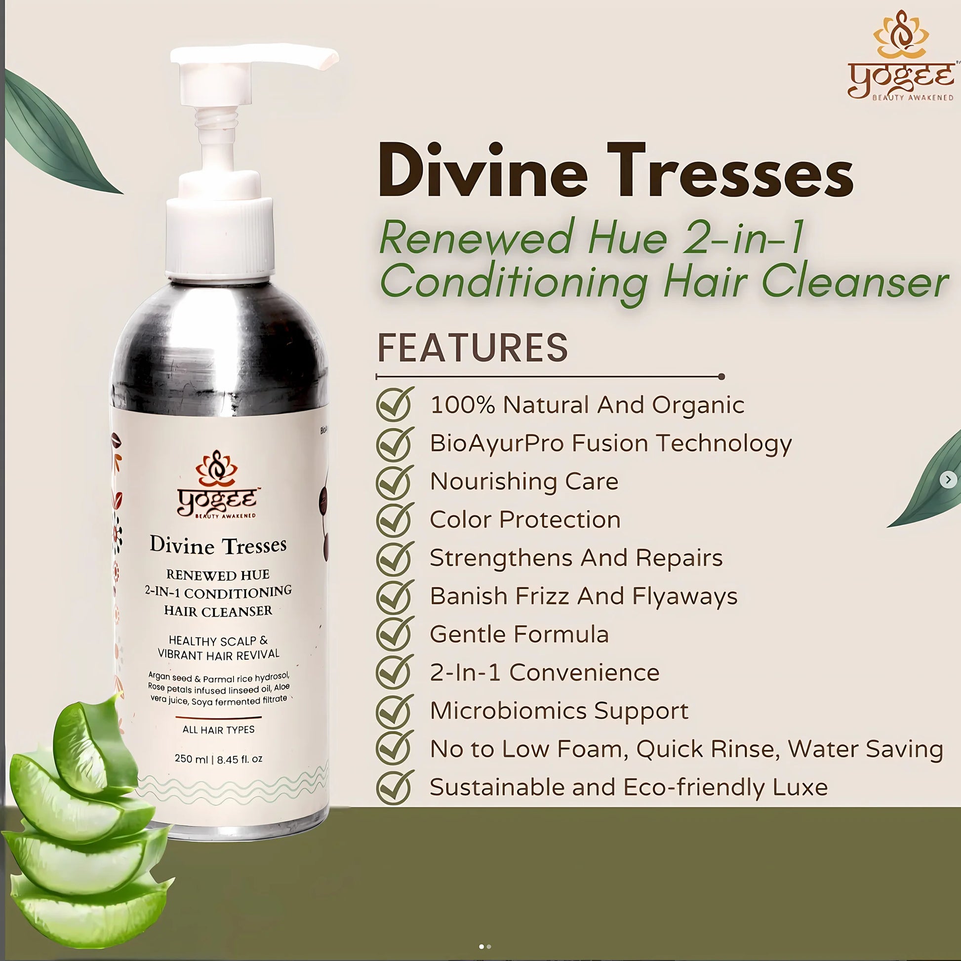 Divine Tresses Renewed Hue 2-in-1 Conditioning Hair Cleanser for Chemically Treated Coloured Hair | Shampoo for Coloured Hair | Argan Seed, Rose Petals, Aloe Vera, Soya Seeds, Probiotics | For Men and Women | 50 & 250ml - YOGEZ